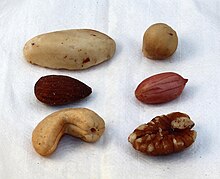 Nuts typically included in commercial mixed nuts. Clockwise from top left: Brazil nut, hazelnut, peanut, pecan, cashew, almond. 20130126 Mixed nuts.jpg