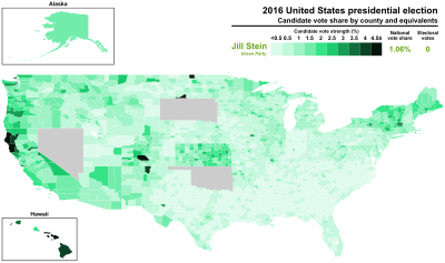 This map shows the percentage of the popular vote Jill Stein earned in each county. 2016 United States presidential election - Percentage of votes cast for Jill Stein by county.svg