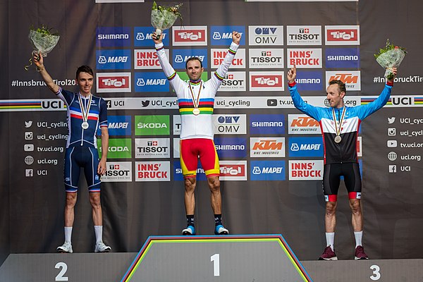 The podium after the men's elite road race, with Romain Bardet, Alejandro Valverde and Michael Woods (from left to right)