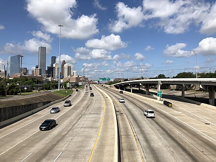 I-10 westbound passing downtown Houston