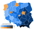 Results of the 2019 Polish parliamentary election, showing vote strength by electoral district.