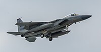 A US Air Force F-15C Eagle, tail number 81-0020, on final approach at Kadena Air Base in Okinawa, Japan