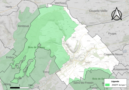 Carte des ZNIEFF de type 1 sur la commune.