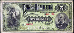 Bank of Hamilton $5 note, 1892