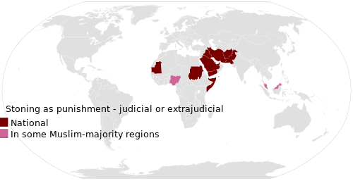 A map showing countries where public stoning is a judicial or extrajudicial form of punishment, as of 2020. A map showing countries where public stoning is judicial or extrajudicial form of punishment.SVG