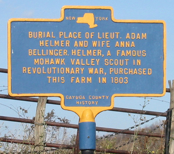 Marker at the burial site of Helmer and his wife on the north side of Cottle Road in the Town of Brutus, New York. Their grave stones were moved to th