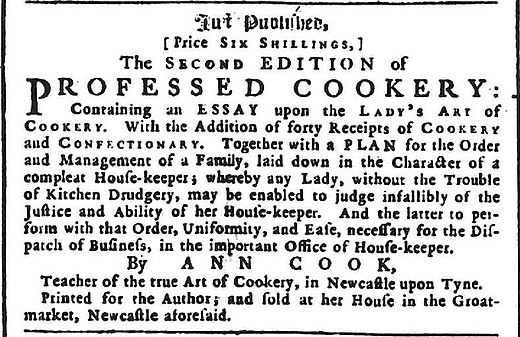 Ann Cook used the platform of her 1754 book Professed Cookery to launch an aggressive attack on The Art of Cookery.[17]
