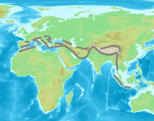 The Alpide belt is a system of sutures stretching across Eurasia within which the Cimmerian blocks are now located. Alpiner Gebirgsgurtel.png