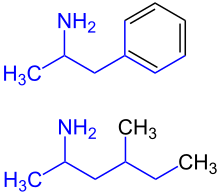 Amphetamine and Methylhexanamine similarity Amphetamine & Methylhexanamine similarity V.2.svg