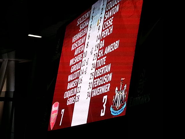 The Emirates Stadium scoreboard after the 7–3 victory over Newcastle United on 29 December 2012