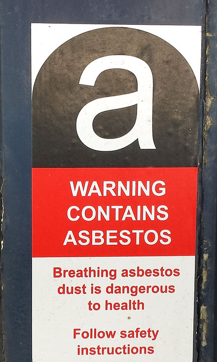 Example of an asbestos warning label that must be put on boilers, flanges, pipes, pumps, and furnaces using asbestos-based products such as CAF gaskets, gland packings, insulation, millboard, etc.