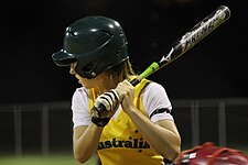 Michelle Cox at bat during the second game on Wednesday night. Image: Laura Hale.