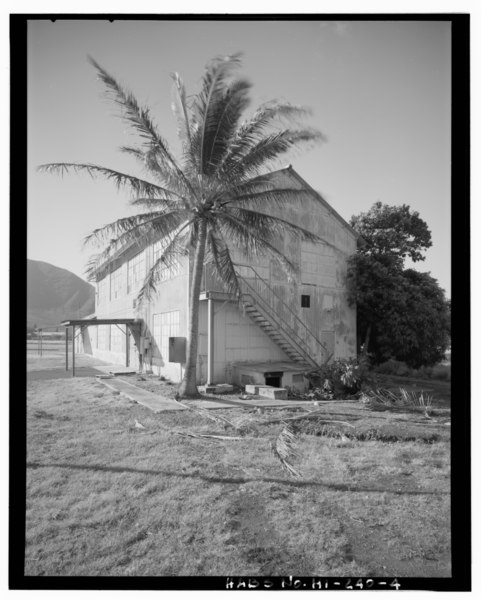 File:BLDG A 101, FRONT (EAST) AND NORTH END SHOWING EXTERIOR STAIR TO 2ND FLOOR AND PALM TREE. - Naval Magazine Lualualei, Headquarters Branch, Operational Storage Building, HABS HI,2-PEHA.V,27-4.tif