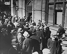Bank run during the Great Depression in the United States, February 1933. Bank Run in Michigan, USA, February 1933.jpg