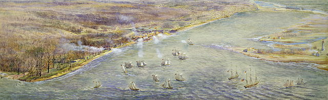 Depiction of the Battle of York in 1813. American forces moved to capture Fort York (centre), which guarded the entrance to the harbour, and York, the