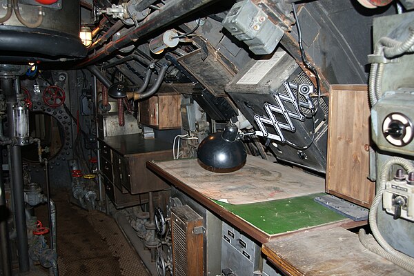 The cramped, equipment-filled set of a submarine film (Das Boot, 1981)