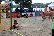 Deutsch: Beachhandball Europameisterschaften 2019 (Beach handball Euro); Tag 3: 4. Juli 2019 – Männer, Hauptrunde Gruppe I, Dänemark-Spanien 2:0 (23:20, 29:22) English: Beach handball Euro; Day 3: 4 July 2019 – Men Main Round Group I – Denmark-Spain 2:0 (23:20, 29:22)