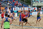 Deutsch: Beachhandball Europameisterschaften 2019 (Beach handball Euro); Tag 5: 6. Juli 2019 – Männer, Halbfinale, Dänemark-Ungarn 2:0 (19:16, 22:18) English: Beach handball Euro; Day 5: 6 July 2019 – Semifinal Men – Denmark-Ukraie 2:0 (19:16, 22:18)