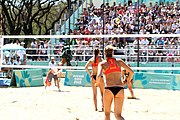 Deutsch: Beachvolleyball bei den Olympischen Jugendspielen 2018; Tag 9, 15. Oktober 2018; Mädchen, Viertelfinale: USA-Spanien 2–1 (21–19/17–21/15–9) English: Beach volleyball at the 2018 Summer Youth Olympics at 15 October 2018 – Girls Quarterfinals: USA-Spain 2–1 (21–19/17–21/15–9)