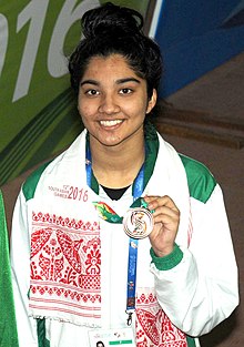 Bisma Khan (PAKISTAN) won Bronze Medal, in the Women's swimming 50m Backstroke category, at the 12th South Asian Games-2016, in Guwahati (cropped).jpg