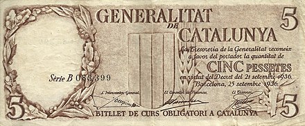 5 pesetas note made by the Generalitat de Catalunya during the Spanish Civil War, 1936, Republican currency