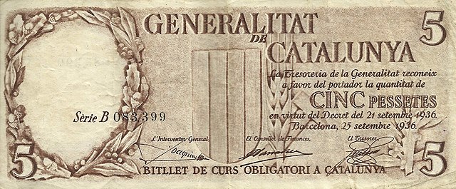 Bank note from the Generalitat de Catalunya, 1936