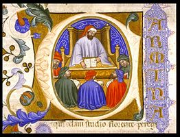 Boethius teaching his students Boethius initial consolation philosophy.jpg