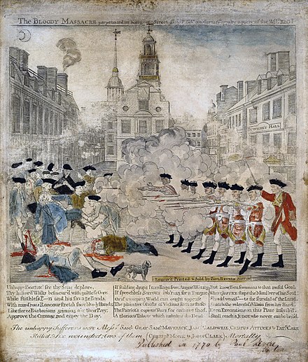 The Bloody Massacre Perpetrated in King Street Boston on March 5, 1770, a copper engraving by Paul Revere modeled on a drawing by Henry Pelham,[26] 1770.