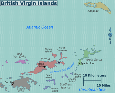 Mapa regionů Britských Panenských ostrovů