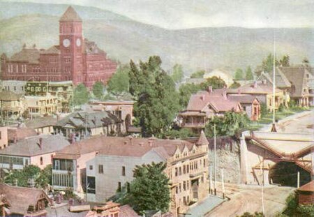 Broadway Tunnel at Fort Moore Hill, built 1901, southern entrance at (lower right), with Los Angeles High School which stood on Fort Moore Hill 1891–1