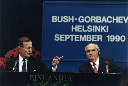 In September 1990, Gorbachev met repeatedly with U.S. President George Bush at the Helsinki Summit.
