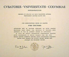 Juris Doctor diploma conferred by Columbia Law School CLS diploma.jpg