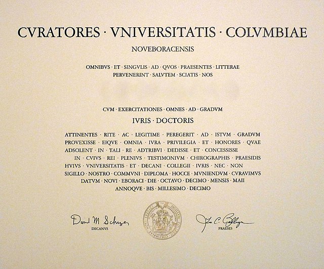 Juris Doctor diploma conferred by Columbia Law School