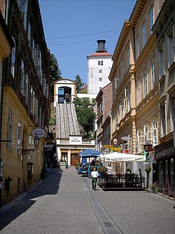Cablecar and tower of Lotrscak, Zagreb, Croatia.jpg