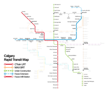 Proposed route extensions and Green Line (North-Central and Southeast LRT) Calgary Rapid Transit Network Map, CTrain Highlighted.png