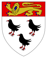 The coat of arms of the City of Canterbury combines the attributed arms of Thomas Becket (three Cornish choughs) with a lion from the royal arms of England.