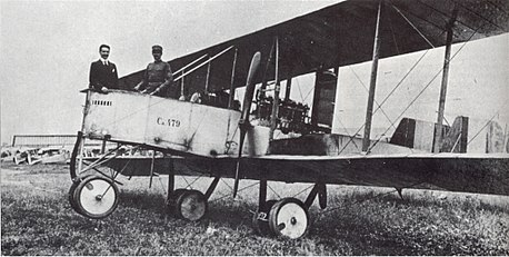 Giovanni Caproni (on the left) on board the second Caproni Ca.32 at Taliedo airport in July 1915.