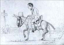 Satire by Araujo Porto-Alegre showing Feijo returning on a mule to Sao Paulo after resigning Caricatura Feijo deixa a Regencia.png