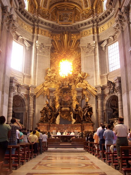 Bernini's massive sculptural reliquary for the Cathedra Petri, the "Chair of Peter", is in St. Peter's Basilica, Rome, and placed above and behind one