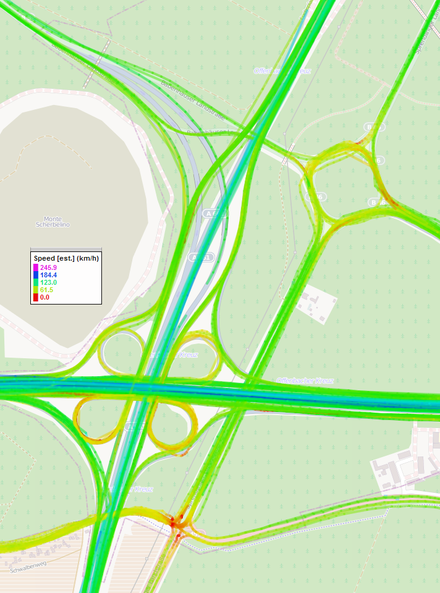 GPS tracks colored according to speed show considerable speed differences at an autobahn crossing