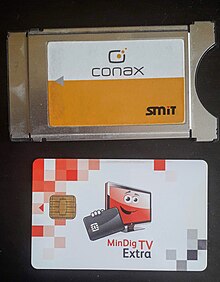 A Conax CAM module manufactured by SMiT Conax kodkartya-olvaso es MinDig TV Extra ugyfelkartya.jpg