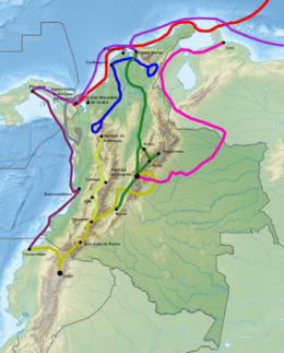 Exploration & conquest of Colombia
.mw-parser-output .plainlist ol,.mw-parser-output .plainlist ul{line-height:inherit;list-style:none;margin:0;padding:0}.mw-parser-output .plainlist ol li,.mw-parser-output .plainlist ul li{margin-bottom:0}
Alonso de Ojeda (1499-1502 & 1509-10)
Francisco Pizarro (1509-10)
Vasco Nunez de Balboa (1513)
Francisco Pizarro
Martin Fernandez de Enciso
Pedro Arias Davila (1513-1519)
Francisco Pizarro
Diego de Almagro
Sebastian de Belalcazar
Pascual de Andagoya
Francisco Pizarro (1515-1529)
Diego de Almagro
Pascual de Andagoya
Bartolome Ruiz
Jorge Robledo
Pedro de Heredia (1532-1538)
Alonso de Caceres
Nikolaus Federmann (1537-1539)
Georg von Speyer
Miguel Holguin y Figueroa
Gonzalo Jimenez de Quesada (1536-1539)
Hernan Perez de Quesada
Martin Galeano
Ortun Velazquez de Velasco
Juan de San Martin
Gonzalo Suarez Rendon
Juan del Junco
Bartolome Camacho Zambrano
Antonio de Lebrija
Lazaro Fonte
Gonzalo Macias
Juan Maldonado
Juan de Cespedes
Hernan Perez de Quesada (1539-1541)
Martin Galeano
Lazaro Fonte
Gonzalo Jimenez de Quesada (1569-1572)
Gonzalo Macias
Juan Maldonado
Legend
:
* Leader - minor captain

Notes
:
* >1539 expeditions in Llanos Orientales not shown
* expedition Pedro de Ursua not shown Conquest of Colombia.png