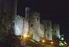Conwy Castle at night, the four towers on the north wall - geograph.org.uk - 1772113.jpg