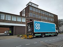 A Co-op food truck outside a store in Cockfosters Coop lorry in Cockfosters March 2020.jpg