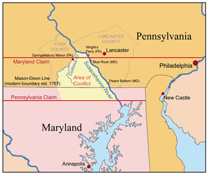 La Maryland-Pensilvania limdisputo: La konflikto okazis en la Conejohela Valo kun la norda apekso ĵus norde de la mez-riveraj Coejohela Flats-insuloj, sude de Wrightsville, Pensilvanio.
Tiuj estis inunditaj post kiam la Sekura Havena Digo inundis la supran Coejoheala sub Lake Clarke.