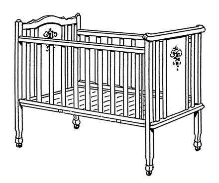 An infant bed, depicted with posts that present a strangulation hazard