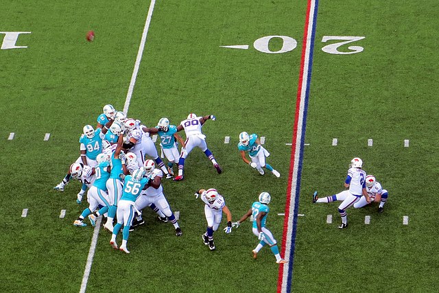Bills placekicker Dan Carpenter attempts a kick against the Dolphins in 2014.