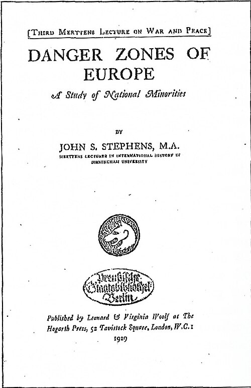 The frontispiece of a publication from 1929 with Hogarth's official logo portraying the head of a wolf