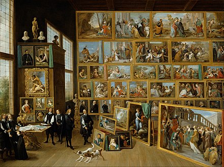 David Teniers the Younger, The Archduke Leopold Wilhelm in his gallery in Brussels. Teniers documented the archduke's collection of paintings in this work while he was court painter in Brussels.