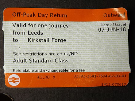 Typical UK rail ticket. Credit-card sized, with details of the fare and journey printed on the ticket. It has a magnetic strip on the back, which allows it to open station ticket gates.